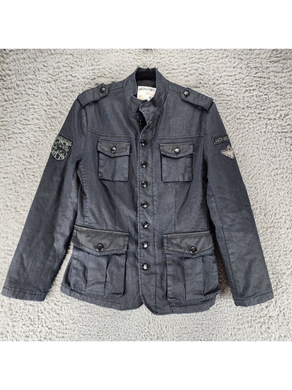 Jack & Jones Jacket Mens Medium Black Canvas Military Style Jacket *Read*